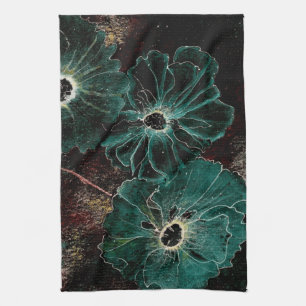 Giant Vintage Art Deco Flowers in Aqua Kitchen Towel
