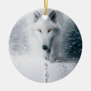 Giant white wolf ceramic ornament