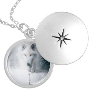 Giant white wolf locket necklace