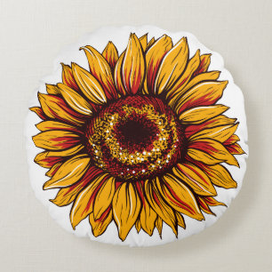 Giant Yellow and Red Sunflower Round Pillow