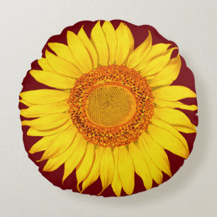 Giant Yellow Sunflower - Red Background Round Pillow