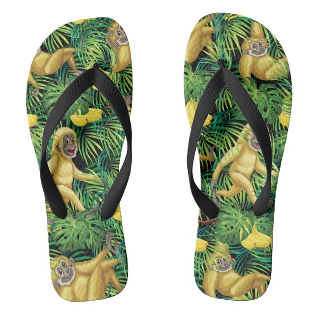 Gibbon Apes In Tropical Rainforest Banana Jungle Flip Flops (Footbed)