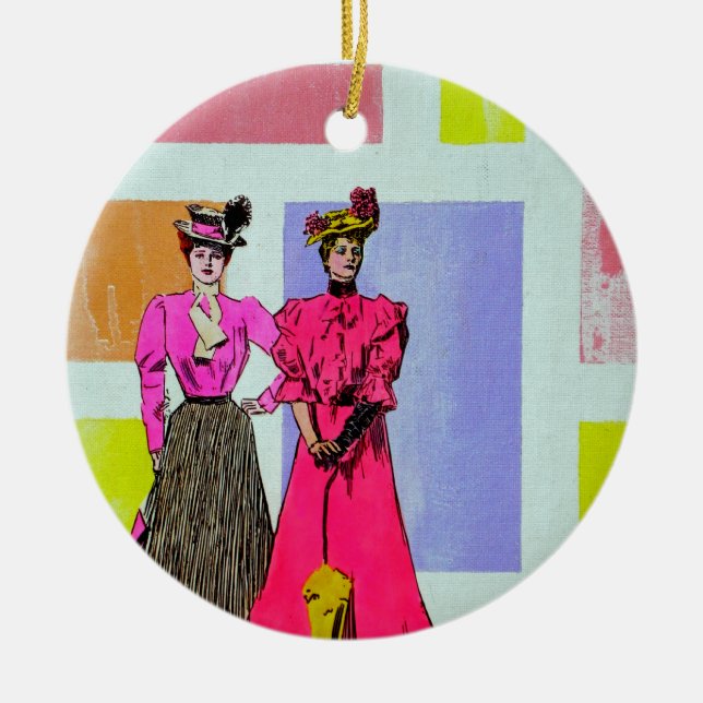 Gibson Girls in a Mondrian Pattern Ceramic Ornament (Front)