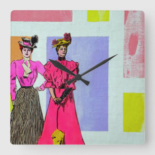 Gibson Girls in a Mondrian Pattern Square Wall Clock