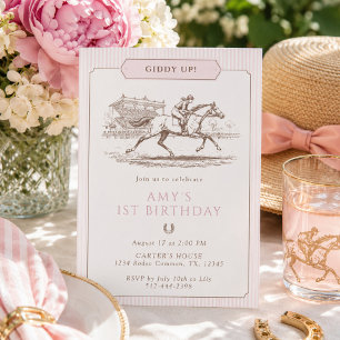 Giddy Up Horse Racing 1st Birthday Pink Preppy Invitation