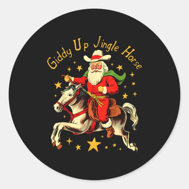 Giddy Up Jingle Horse Funny Retro Santa Cowboy Chr Classic Round Sticker (Front)
