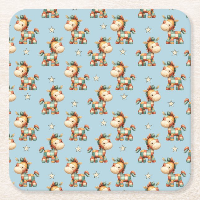 Giddy-Up Patchwork Pony Birthday Square Paper Coaster (Front)