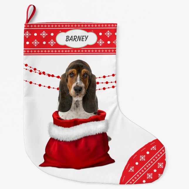Gift Bag Basset Hound Puppy Snowflake Border Large Christmas Stocking (Front)