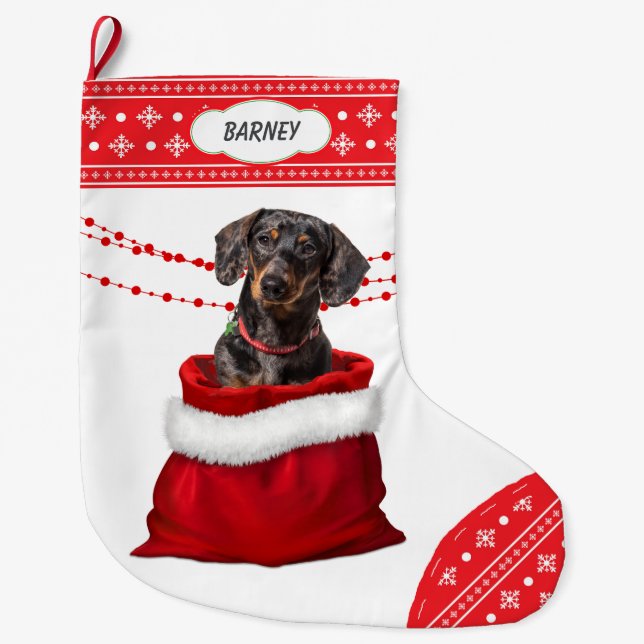 Gift Bag Black Tan Dachshund Dog Snowflake Border Large Christmas Stocking (Front)