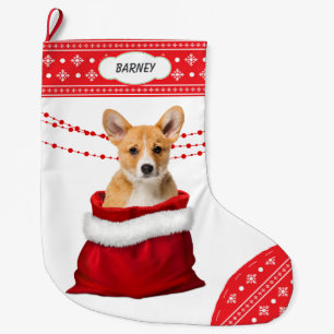 Gift Bag Corgi Puppy Dog Snowflake Border Large Christmas Stocking