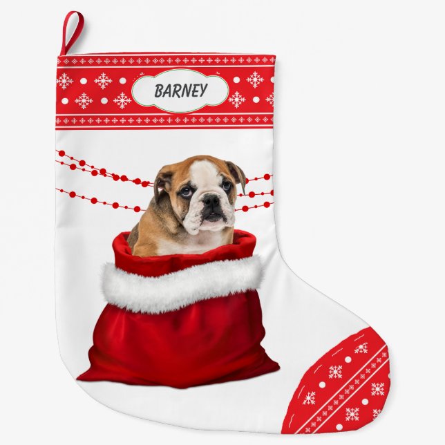 Gift Bag Cute Bulldog Puppy Snowflake Border Large Christmas Stocking (Front)