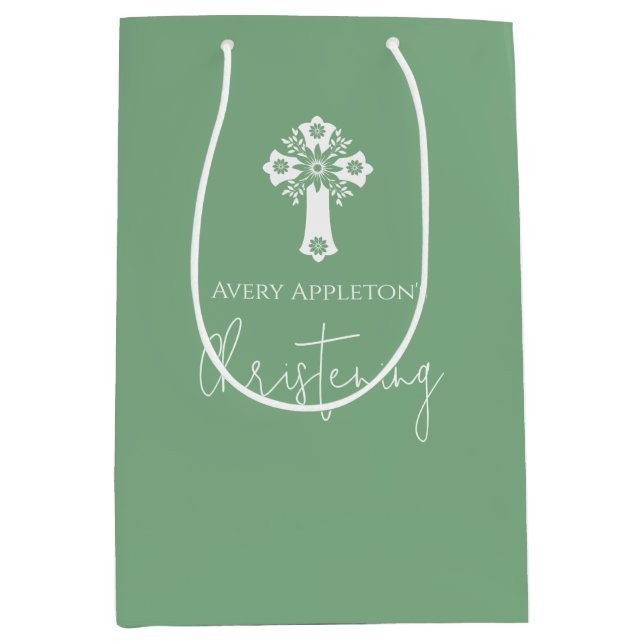 Gift Bag Floral Cross Christening Sage Green (Front)