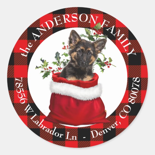 Gift Bag German Shepherd Puppy Plaid Frame Classic Round Sticker (Front)