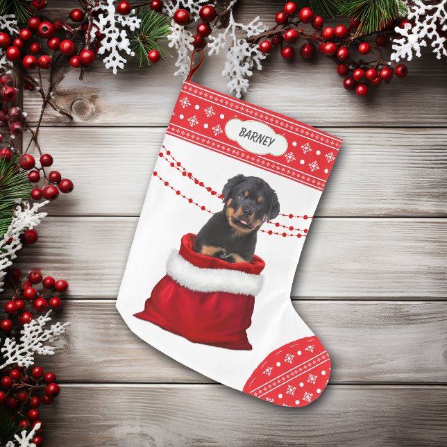 Gift Bag Rottweiler Puppy Dog Snowflake Border Large Christmas Stocking (Creator Uploaded)
