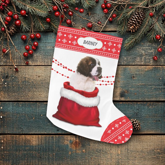 Gift Bag Saint Bernard Puppy Dog Snowflake Border Large Christmas Stocking (Creator Uploaded)