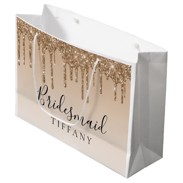 Gift Bag - Tan Gold Glitter Drip Bridesmaid (Front Angled)