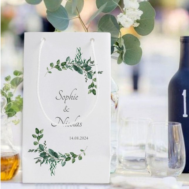 Gift bag Wedding Leaves Eucalyptus (sac cadeau mariage feuillage eucalyptus, sacs cadeaux invités mariage personnalisables avec noms )