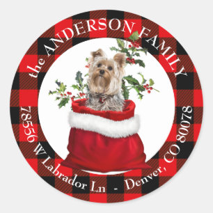 Gift Bag Yorkie Terrier Plaid Frame Return Address Classic Round Sticker