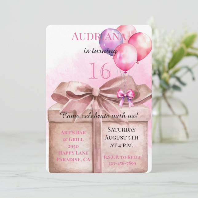 Gift Balloons Bow 16th Birthday Invitation (Standing Front)