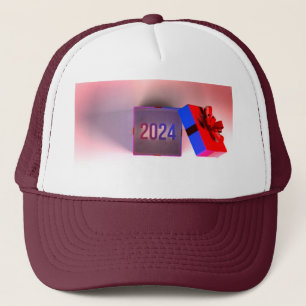 Gift Box with Ribbon Maroon Mesh 2024 year Printed Trucker Hat