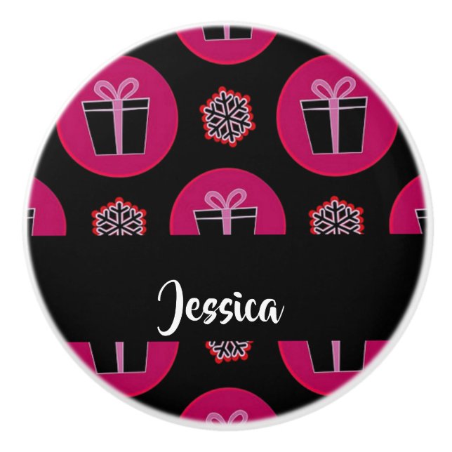 Gift boxes and snowflakes on black ceramic knob (Front)