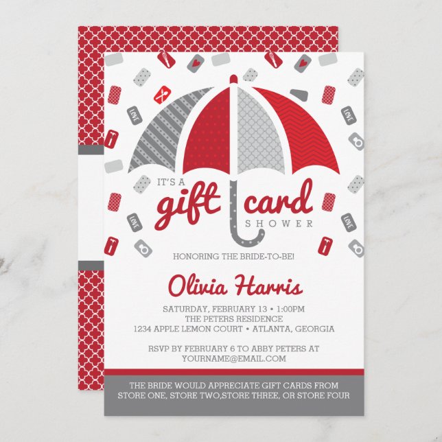 Gift Card Bridal Shower Invitation, Red, Grey (Front/Back)