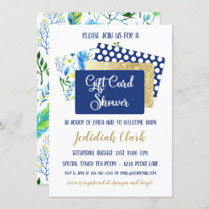 Gift Card Shower Blue and Gold Feathers