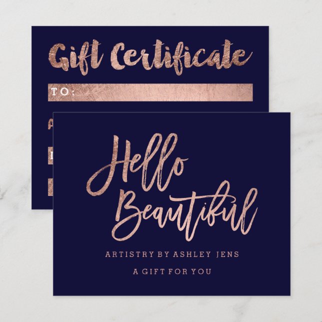 Gift certificate faux chic rose gold hello navy bl invitation (Front/Back)