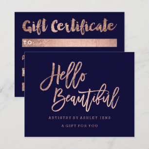 Gift certificate faux chic rose gold hello navy bl invitation
