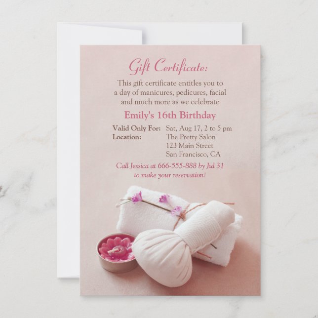 Gift Certificate Spa Birthday Party Invitations (Front)