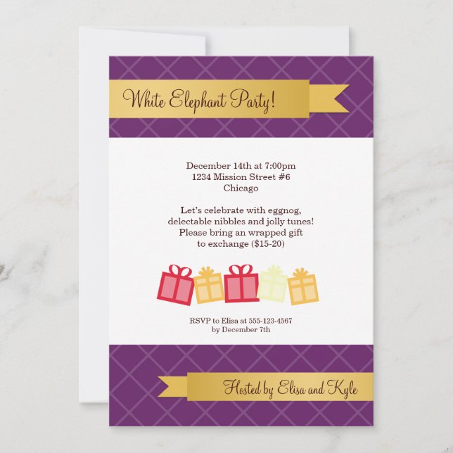 Gift exchange gold ribbon purple Christmas party Invitation (Front)
