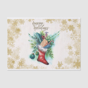 Gift-Filled Red Stocking and Gold Snowflakes Tissue Paper