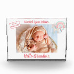 Gift for Grandma Newborn Grandchild   Photo Block<br><div class="desc">Hello Grandma Grandpa photo block-- welcomes the newborn baby girl and with important data -- their name and date of birth -- along with a priceless photo. Talk about a keepsake! Yes, easily change to Hello Mom or Dad -- the baby has arrived. And a cute little unicorn to also...</div>