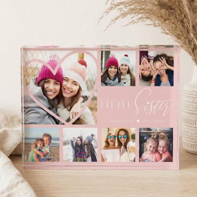 Gift For Little Sister 7 Photo Collage Heart BFFs Block (Little Sister BFF Heart Photo Collage Keepsake)