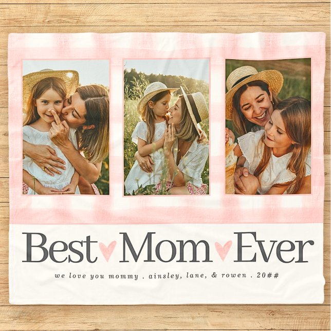Gift for Mom Mothers Day Photo Best Mom Gingham Fleece Blanket (Creator Uploaded)
