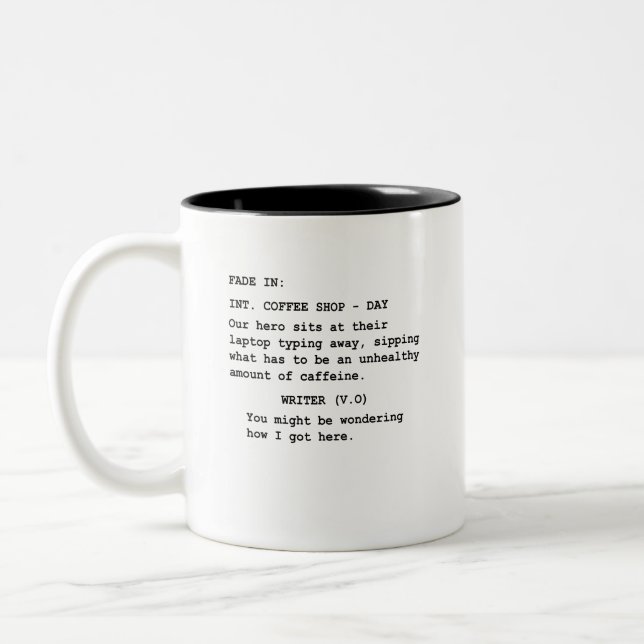Gift for Screenwriter – Funny Coffee Shop Scene Two-Tone Coffee Mug (Left)