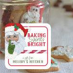 Gift from Kitchen Baking Spirits Bright Santa  Square Sticker<br><div class="desc">Personalized tags for your holiday gifts from the kitchen. Do you love to share your special holiday baked goods with friends and family during the holiday season. Dress up the wrapping with these pretty "Baking Spirits Bright" gift tags. A picture of Santa Claus with festive green and red typography. Personalized...</div>