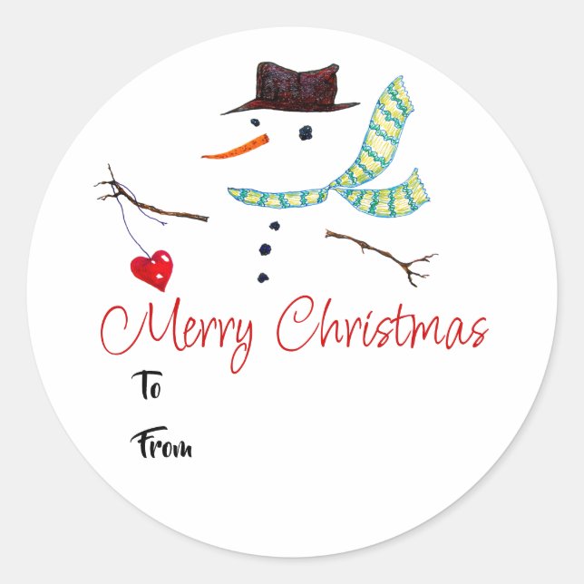Gift Label Christmas Art Snowman With Heart (Front)