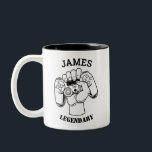 Gift Name Personalized Funny Gaming Geek Birthday Two-Tone Coffee Mug<br><div class="desc">Fun customized JAMES Legendary Gamer someone named gift idea. Best console video game player gift for men, women or kids you love like cousin, son, brother, boyfriend. Great for geek & nerd who love retro classic & vintage 70s 80s color style look. Personal matching first name cool unique father's day...</div>