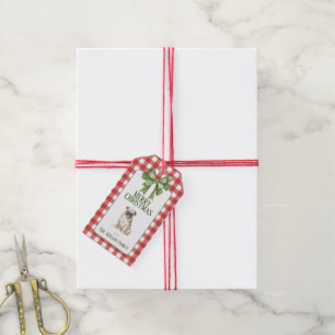 Gift Tag Dog Pug Watercolor Gingham Christmas