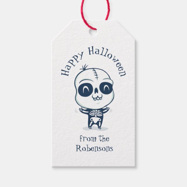 Gift tag for Halloween with cute skeleton. (Front)