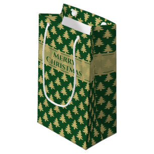 Gift Tag Name: Merry Christmas Gold Tree Pattern Small Gift Bag