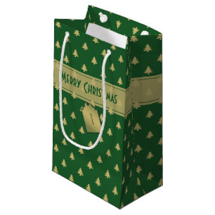 Gift Tag Name: Merry Christmas Gold Tree Pattern Small Gift Bag