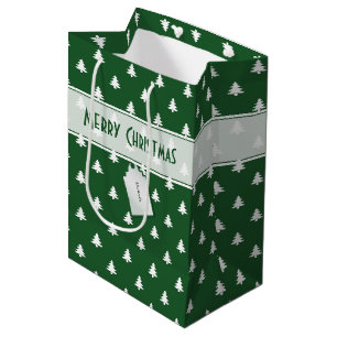 Gift Tag Name: Merry Christmas Green Tree Pattern Medium Gift Bag