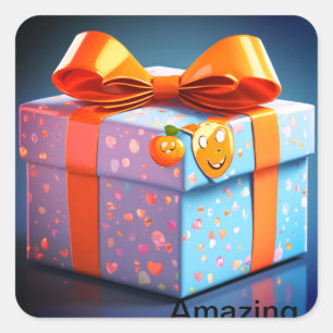 gift with face, emoji wow, orange bow, high qualit square sticker