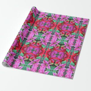Gift Wrap Roll PInk & Red Poinsettias