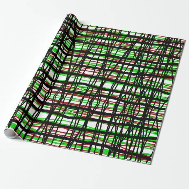 Gift Wrap Roll Red, Green, Black Abstract Lines (Unrolled)