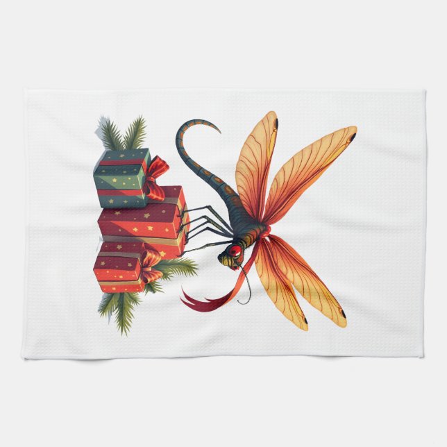 Gift-Wrapped Dragonfly Kitchen Towel (Horizontal)
