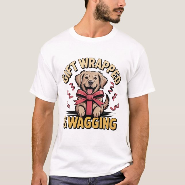 Gift Wrapped & Wagging Retriever Christmas T-Shirt (Front)