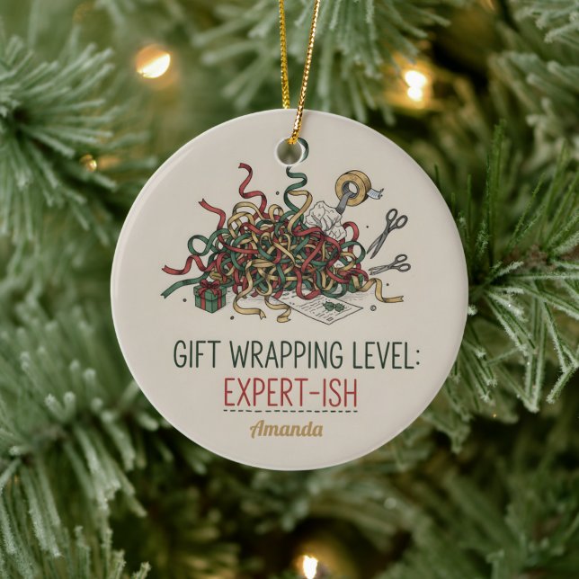 Gift Wrapping Level Expert-ish Funny Christmas Ceramic Ornament (Tree)